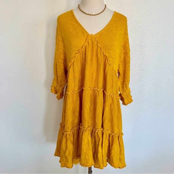 FREE PEOPLE Marykate Golden Yellow Tiered Sweater Flowy Ruffle Mini Dress - Picture 3 of 15